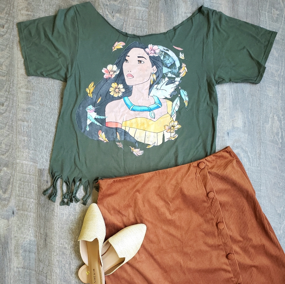 Disney Pocahontas distressed DIY off shoulder hand tied hem tee